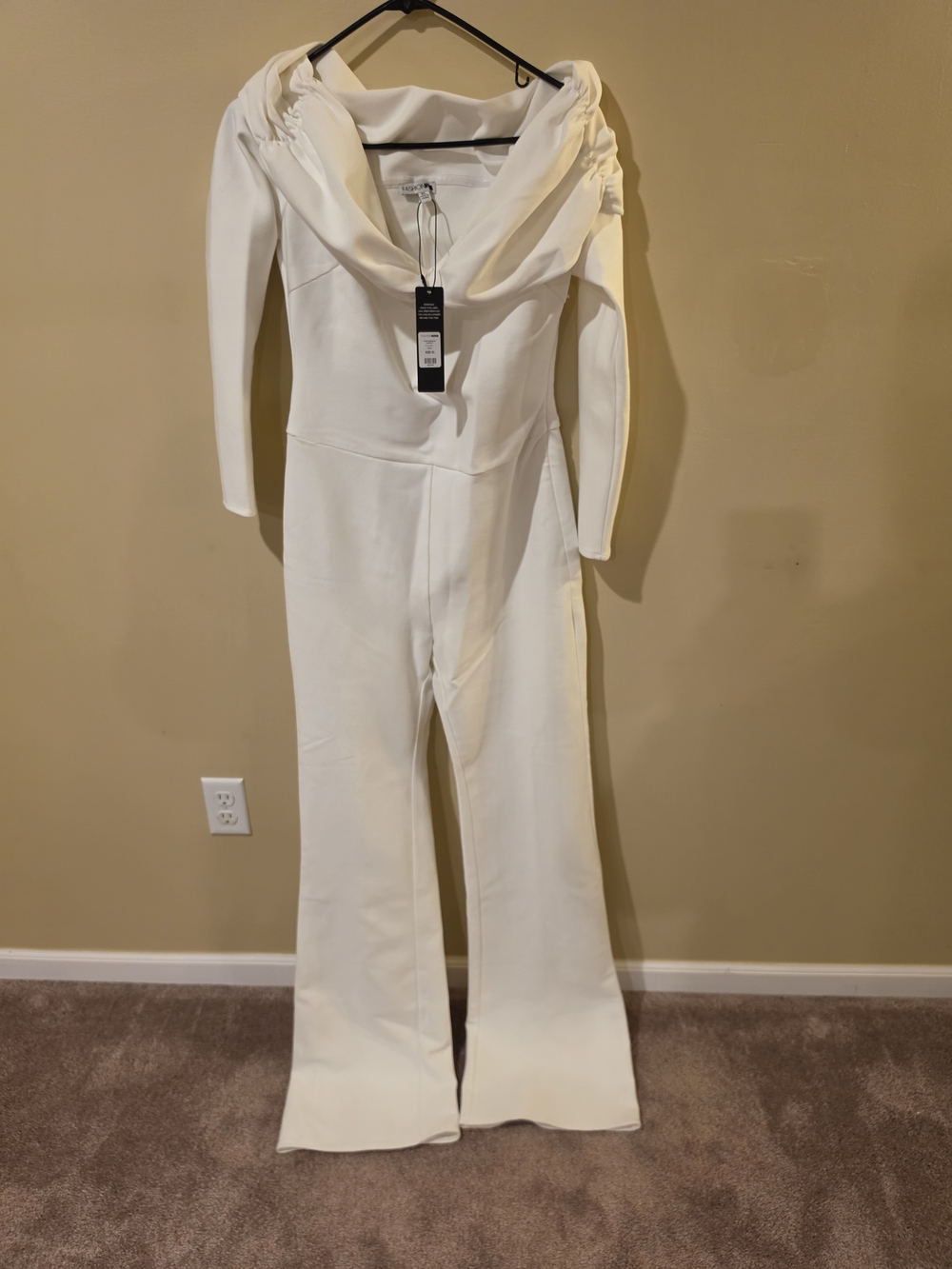 Fashion Nova Robin Bandage Off-Shoulder Cream Jumpsuit